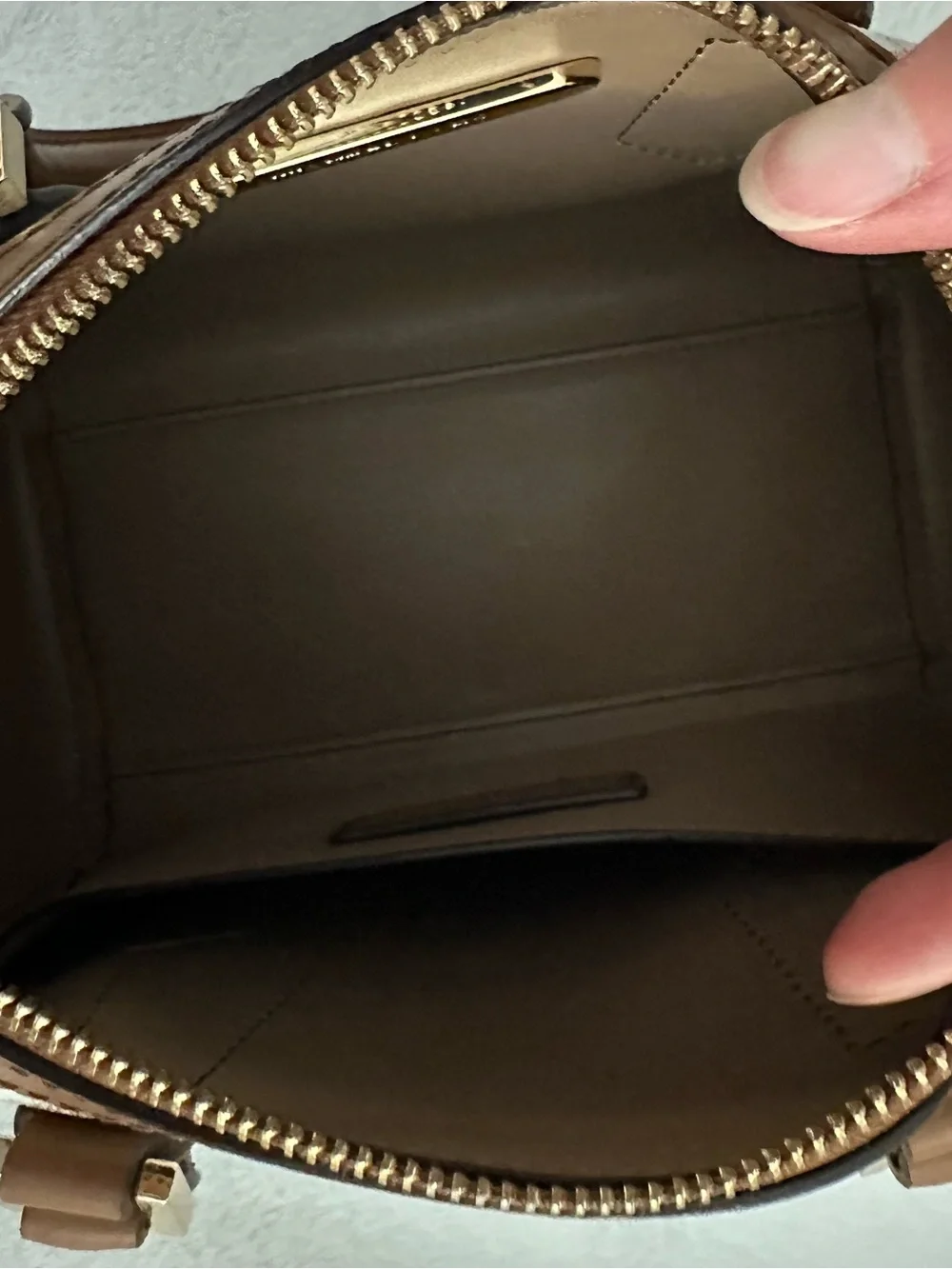 Michael Kors Beige Logo Satchel with Brown Trim and Yellow Striped Strap